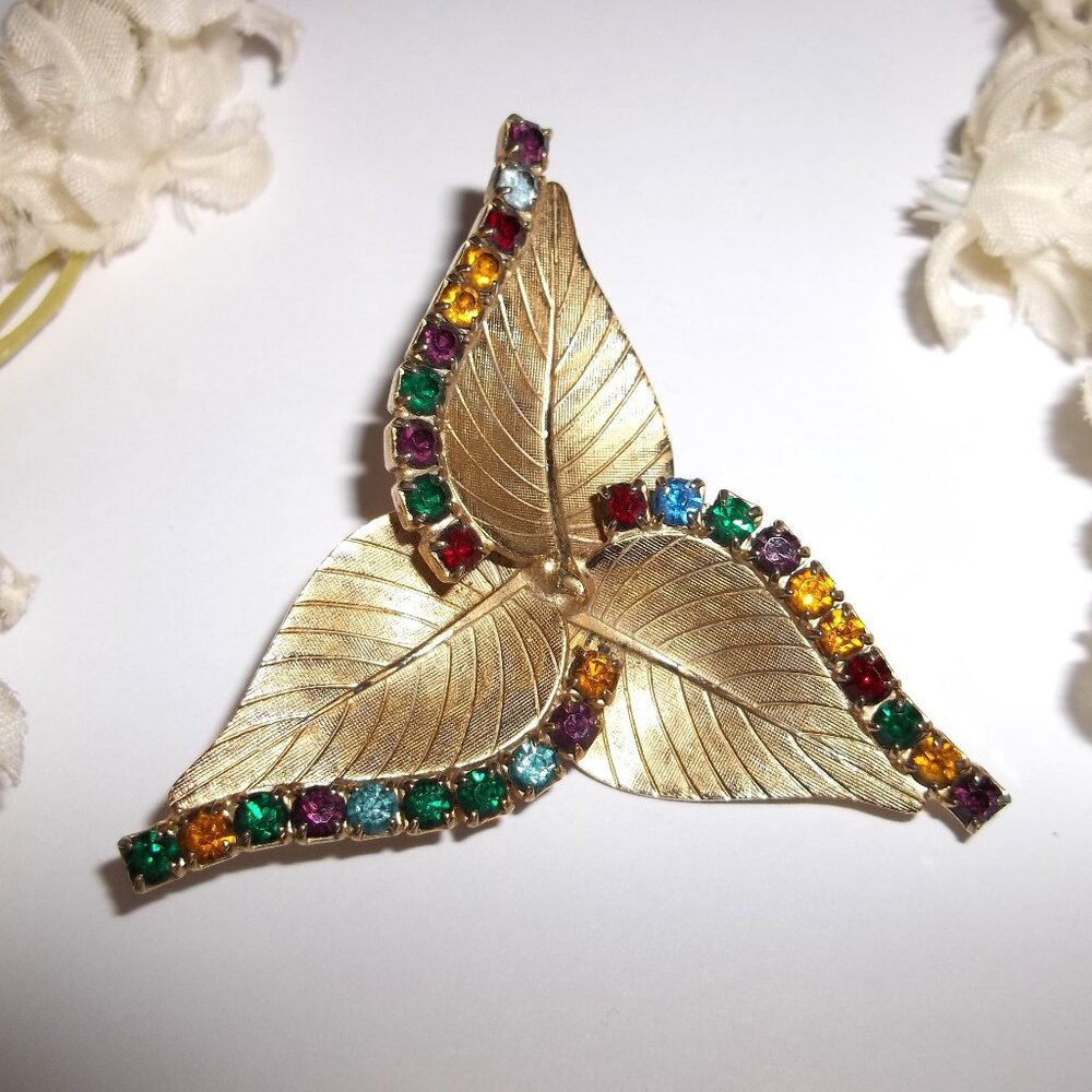 Vintage Leaf Brooch Costume Jewelry Gold with Multi-colored Rhinestones C619